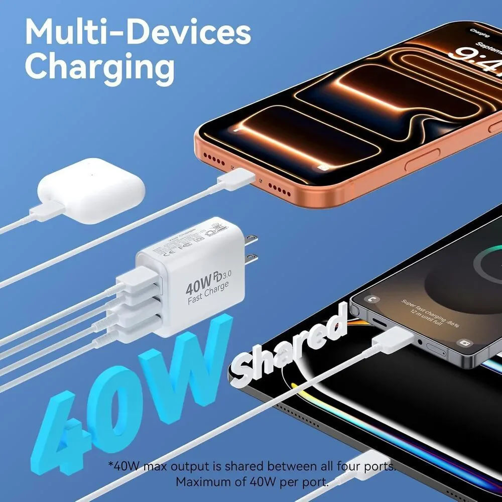 USB C Charger Block 2 Pack 40W Fast Charging 4 Port Wall Plug Power Adapter